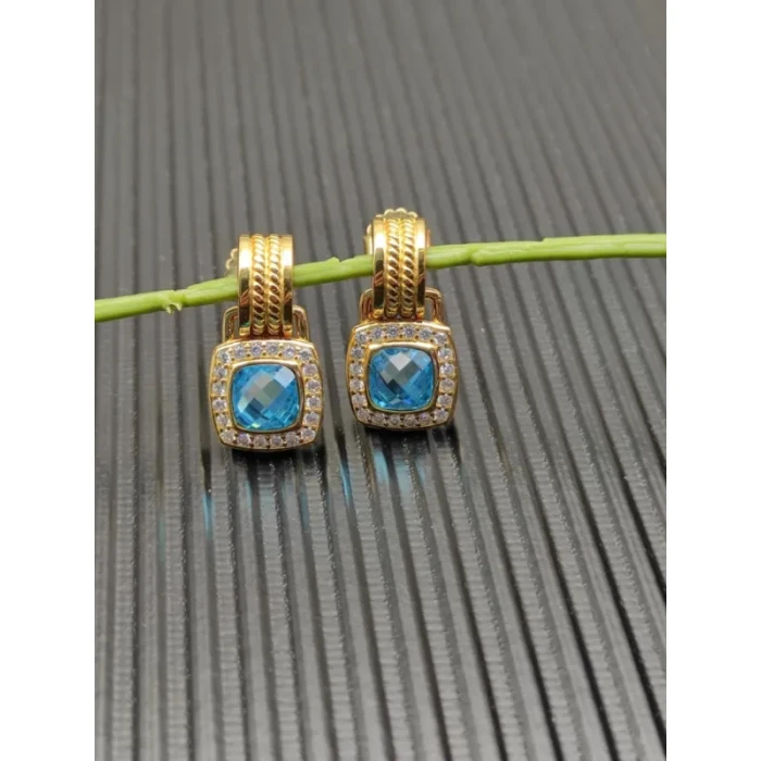 David Yurman Gold Blue Pavé Square Cable Drop Earrings