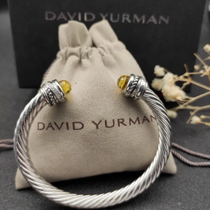 David Yurman 7mm Cable Cuff Bracelet with Rotating End Caps Yellow Diamonds