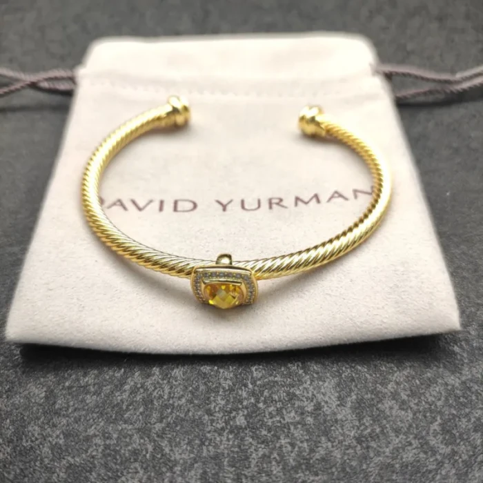 David Yurman Gold Tone 4mm Cable Square Yellow Diamond Cuff Bracelet