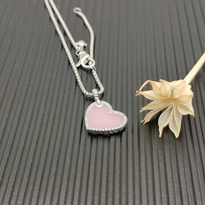David Yurman Silver Heart Pink Opal Necklace, 2mm Chain, 45+5cm Adjustable Length