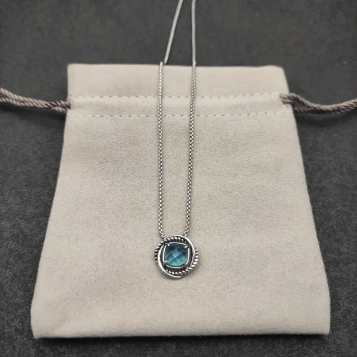 David Yurman 7mm Cable Twist Square Blue Diamond Pendant Necklace, 1.5mm Chain, Length 45cm + 5cm