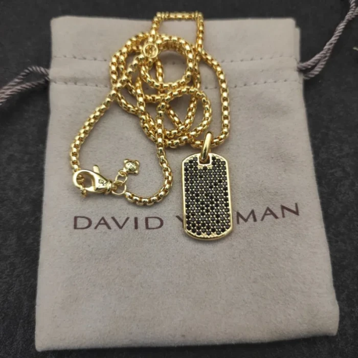 David Yurman Gold Tone Pavé Black Diamond Tag Necklace