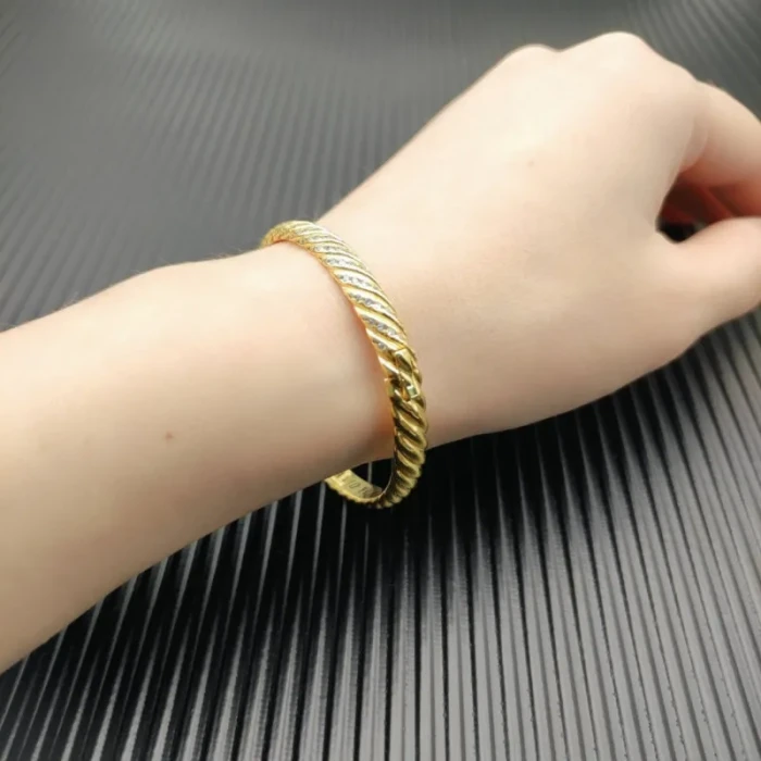 David Yurman 6.2mm Gold Diamond Engraved Wave Bangle Bracelet