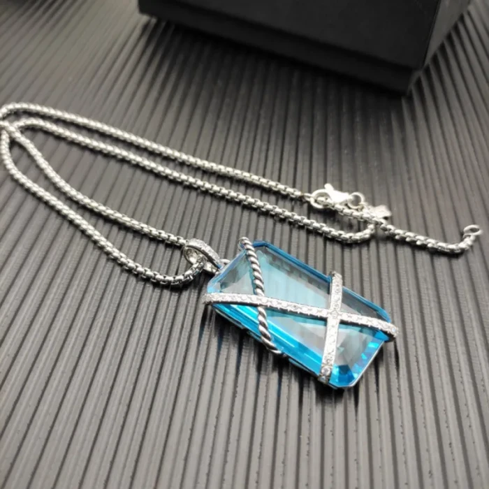 David Yurman Blue Crystal Bezel Pendant Necklace