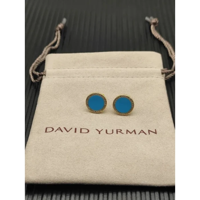 David Yurman 14mm Gold Round Turquoise Diamond Stud Earrings