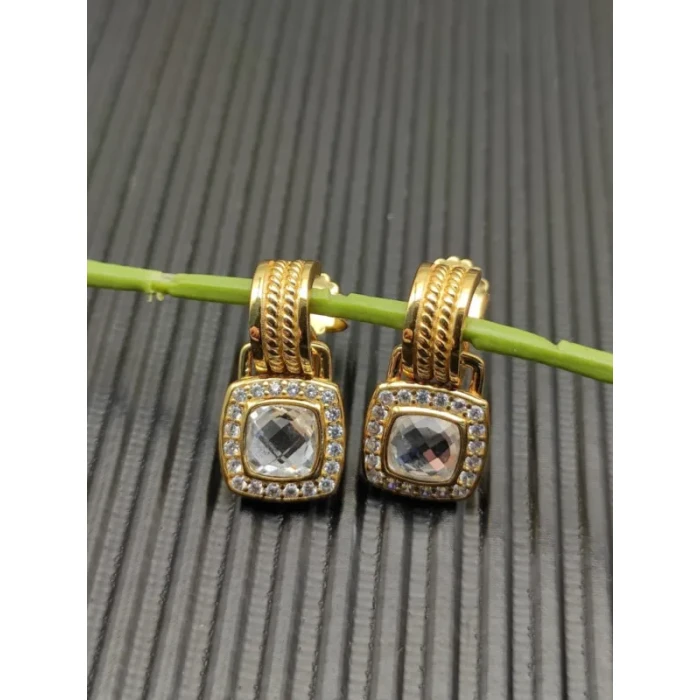 David Yurman Gold Pavé White Diamond Square Cable Drop Earrings
