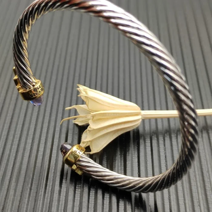 David Yurman 5mm Silver Cable Bracelet with Gold Station and Five-Row Pavé Purple Diamond Accent