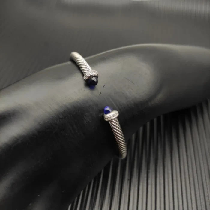 David Yurman 4mm Sterling Silver Deep Blue Sapphire Diamond Bangle Bracelet