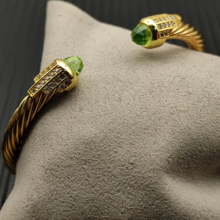 David Yurman 5mm Gold-Tone Cable Cuff Bracelet Light Green Diamonds