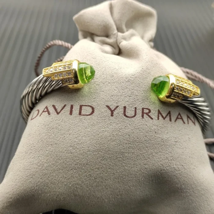David Yurman 7mm Gold-Tone End Caps Sterling Silver Cable Cuff Bracelet 5-Row Pavé Light Green Diamonds