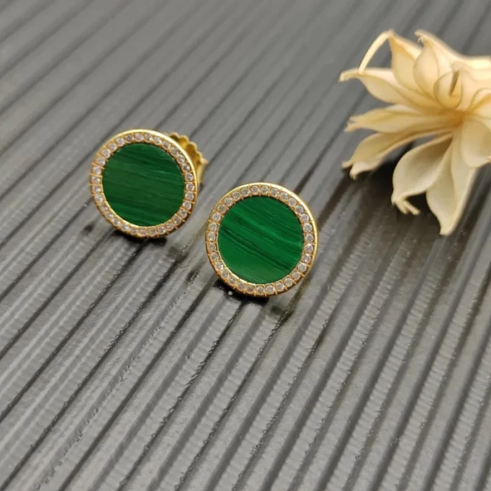David Yurman 14mm Gold Malachite Diamond Circle Stud Earrings