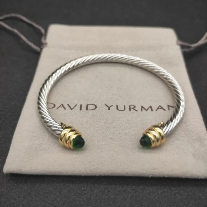 David Yurman 5mm Gold-End Deep Green Diamond Cable Cuff Bracelet