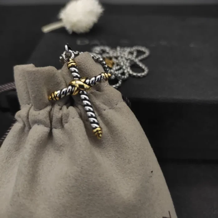 David Yurman Gold and Silver Cross Pendant Necklace with Cable Details