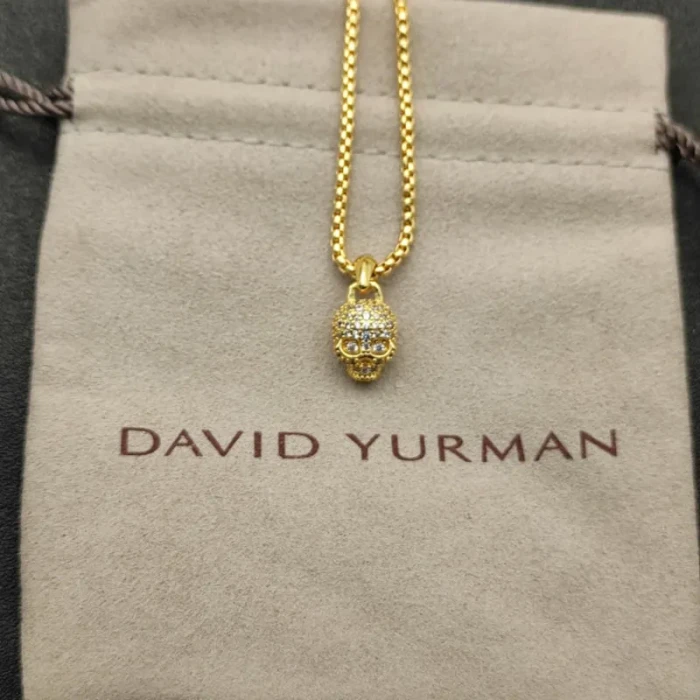 David Yurman Gold White Diamond Gumball Necklace, 2mm Chain, 45+5cm Adjustable Length