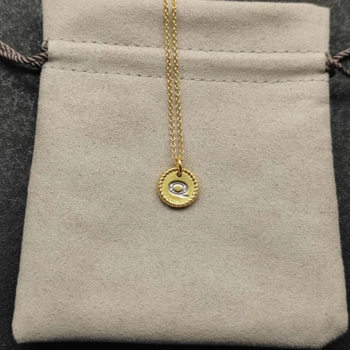 David Yurman Gold Diamond Initial Q Disc Pendant Necklace