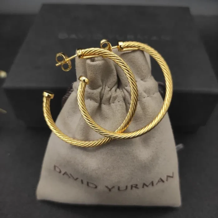 David Yurman Large Gold Single Twist Cable Hoop Earrings 4cm Inner