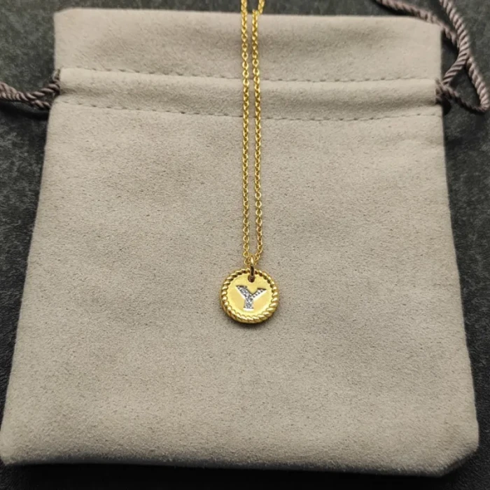 David Yurman Gold Diamond Initial Y Disc Pendant Necklace