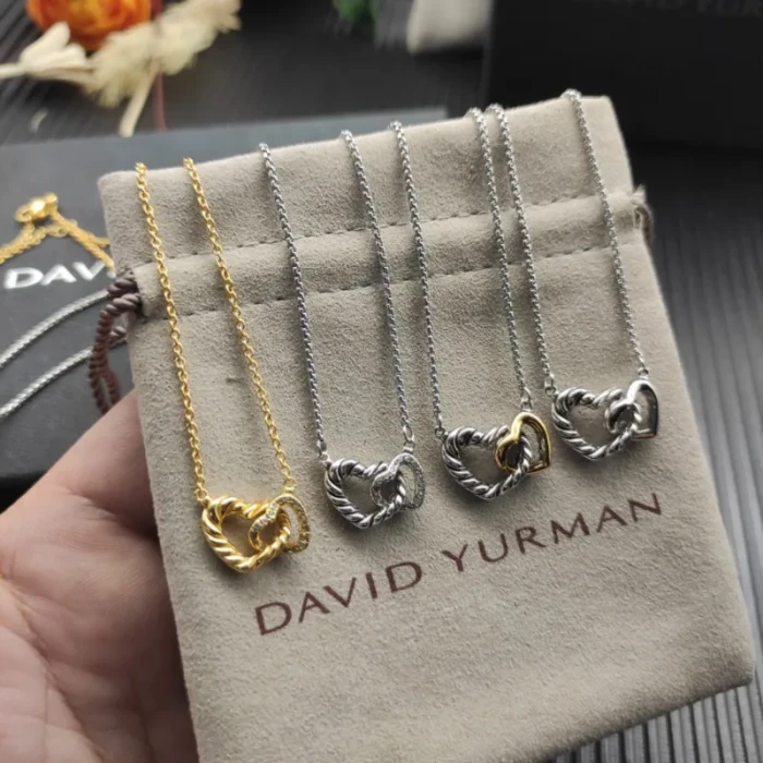 David Yurman Silver-Tone Double Heart Diamond Pendant Necklace