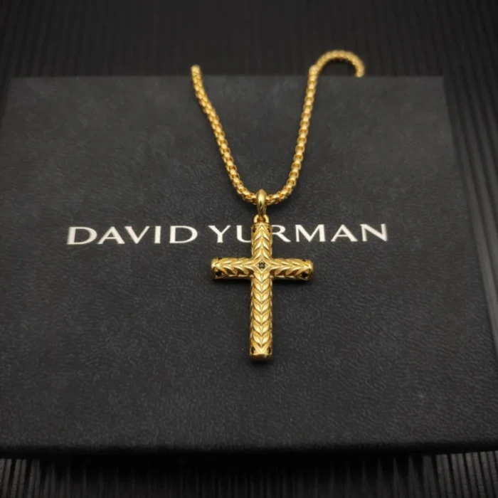 David Yurman Gold Chevron Cross White Diamond Necklace