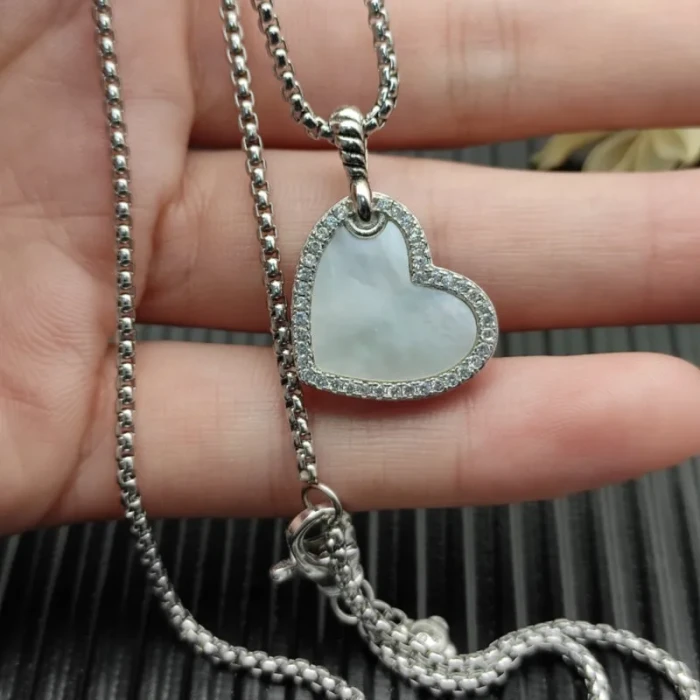 David Yurman Silver Heart White Mother-of-Pearl Necklace, 2mm Chain, 45+5cm Adjustable Length