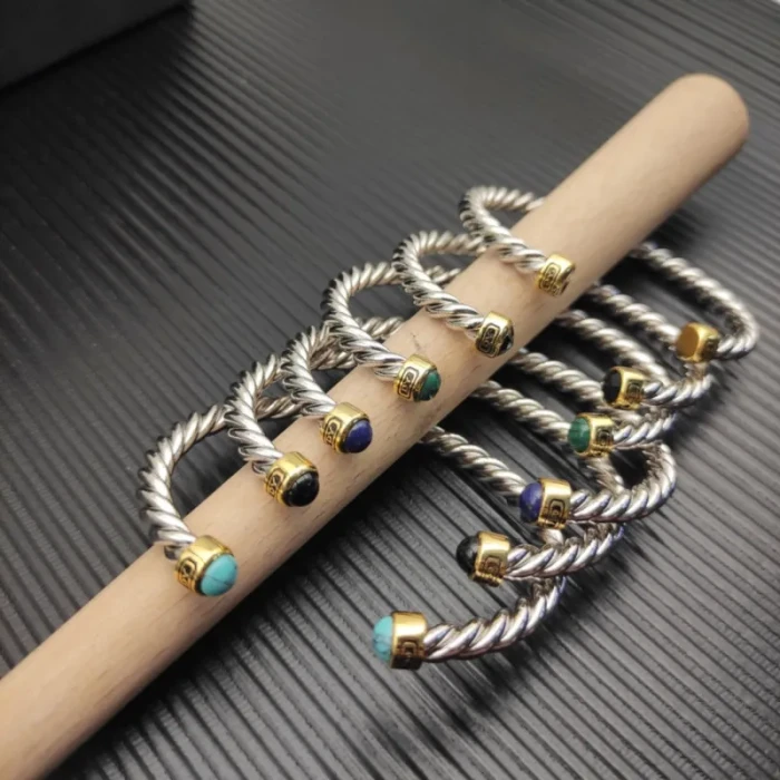 David Yurman 6mm Gold and Silver Black Diamond Cable Cuff Bracelet