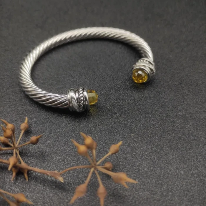 David Yurman 7mm Cable Cuff Bracelet with Rotating End Caps Yellow Diamonds
