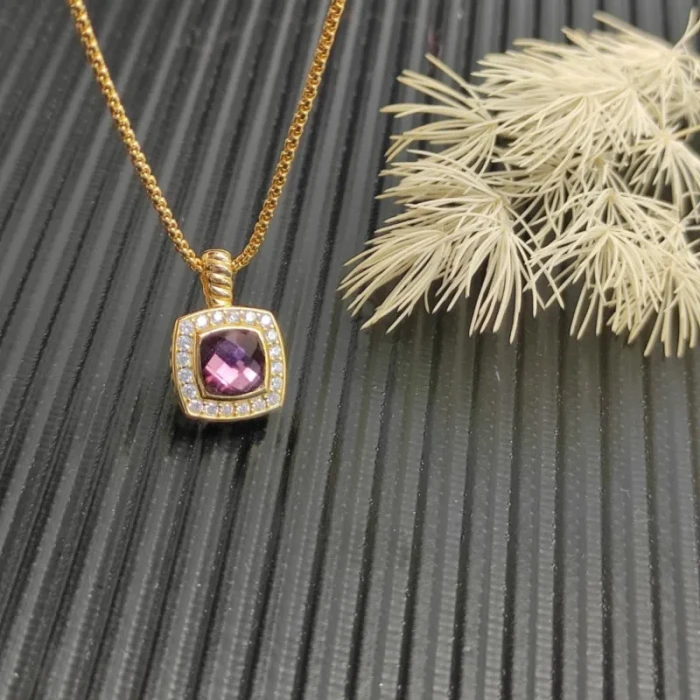 David Yurman Gold Square Pavé Purple Diamond Necklace
