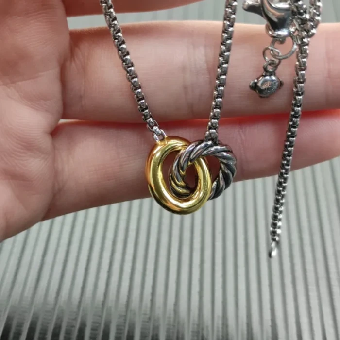 David Yurman Gold and Silver Twisted Cable Double Ring Necklace, 2mm Chain, 45+5cm Adjustable Length