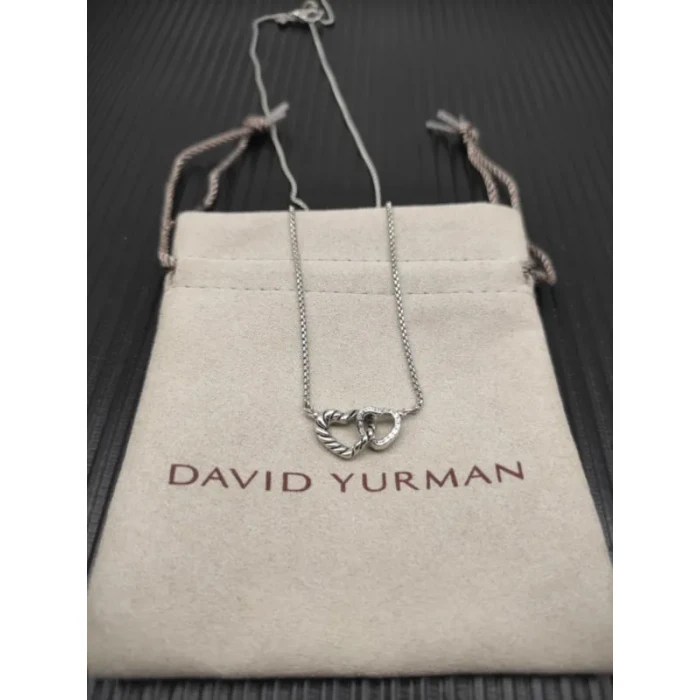 David Yurman Silver-Tone Double Heart Diamond Pendant Necklace