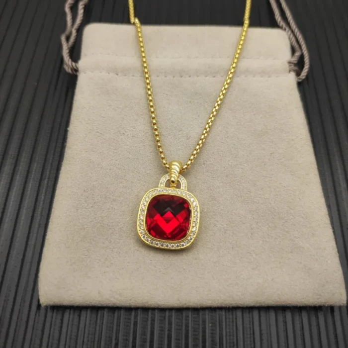David Yurman Gold 14mm Square Red Diamond Necklace