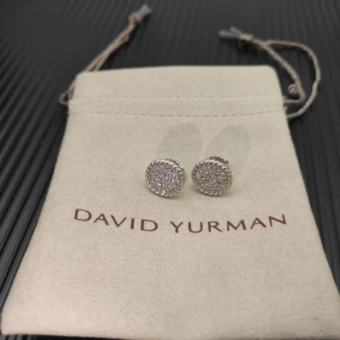David Yurman Silver 13.6mm Pavé Diamond Button Stud Earrings