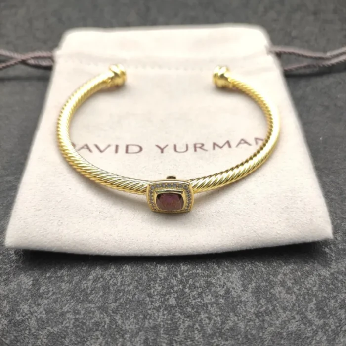 David Yurman Gold Tone 4mm Cable Square Purple Diamond Cuff Bracelet