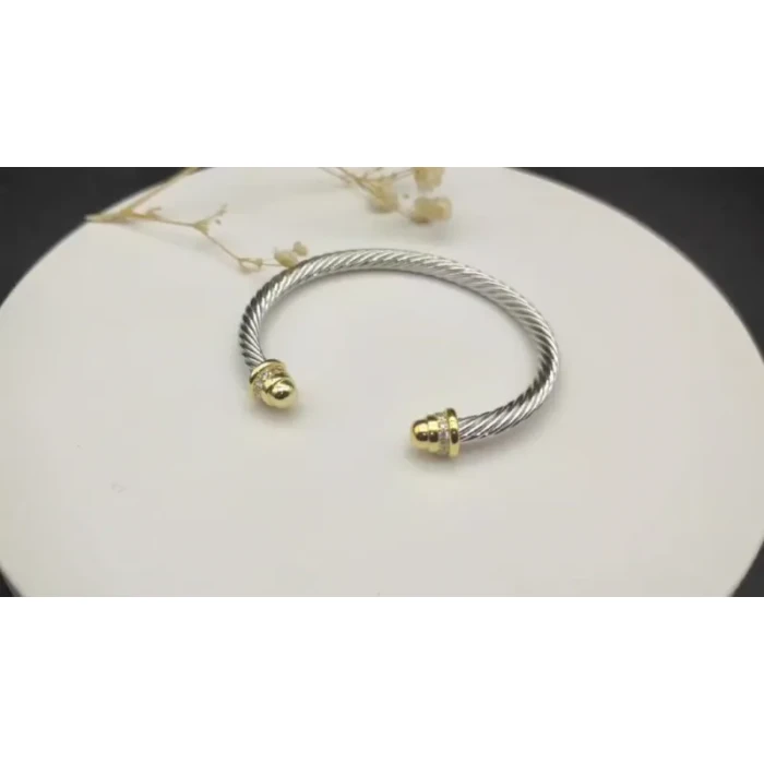 David Yurman 5mm Gold and Silver Cable Cuff Bracelet with Pavé-Set Round End Caps