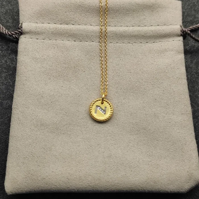 David Yurman Gold Diamond Initial N Disc Pendant Necklace