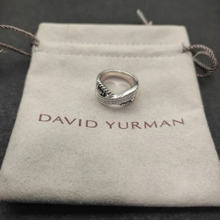 David Yurman Silver Double Twisted Cable Cross Diamond Ring