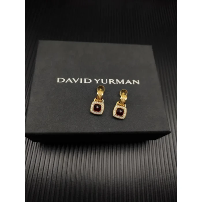 David Yurman Gold Red Pavé Square Cable Drop Earrings