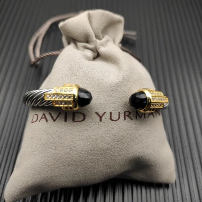 David Yurman 7mm Gold-Tone End Caps Sterling Silver Cable Cuff Bracelet Black Diamonds