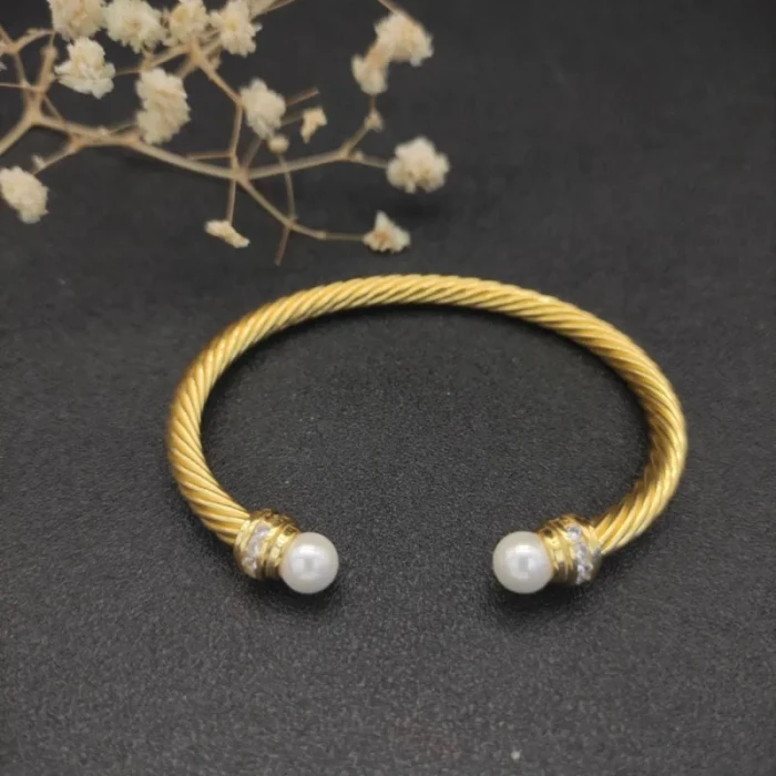David Yurman 5mm Gold Cable Cuff Bracelet with Diamond-Accented Pearl