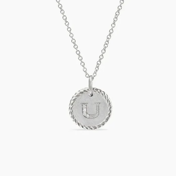 David Yurman Gold Diamond Initial U Disc Pendant Necklace