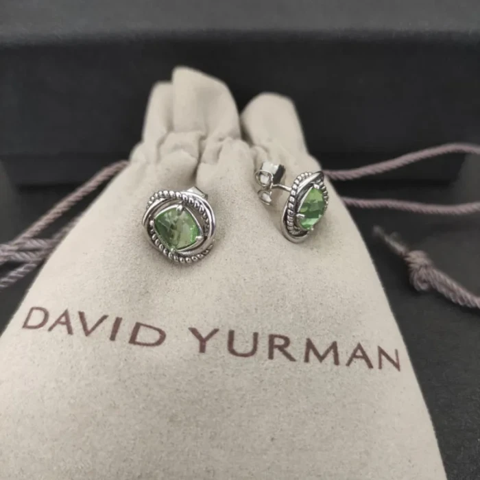 David Yurman 7mm Cable Square Green Diamond Stud Earrings