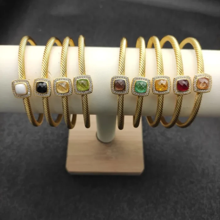 David Yurman Gold Tone 4mm Cable Square Purple Diamond Cuff Bracelet
