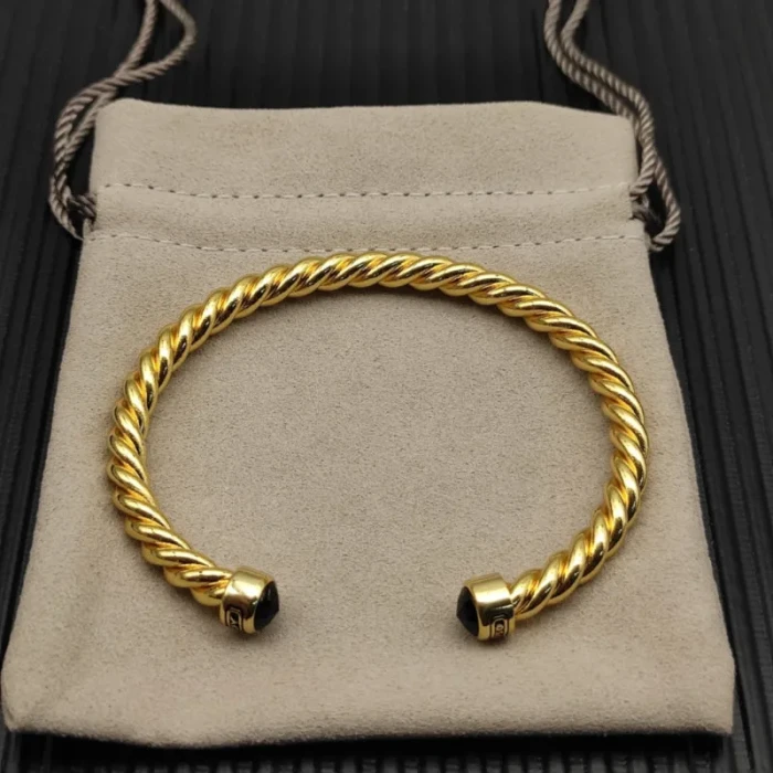 David Yurman 6mm Gold Black Diamond Cable Cuff Bracelet