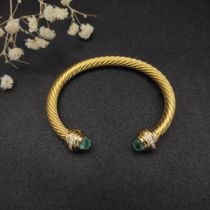 David Yurman 7mm Gold Cable Cuff Bracelet with Blue Diamond End Caps and Inlay