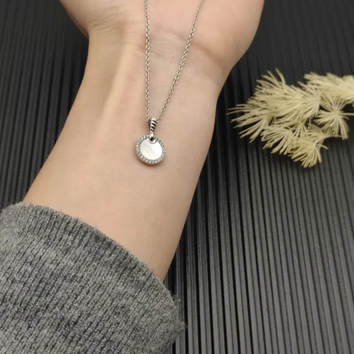 David Yurman Sterling Silver 17.8mm Round Pavé Mother of Pearl Necklace