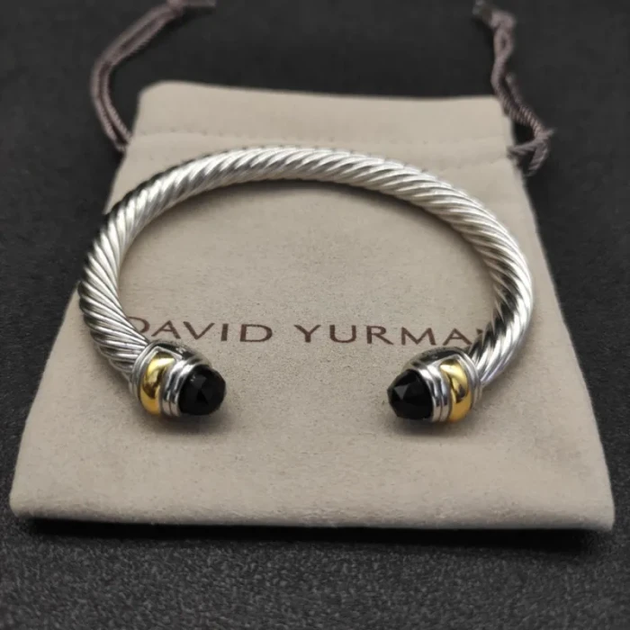 David Yurman 7mm Gold and Silver Double End Cap Black Diamond Cable Bracelet