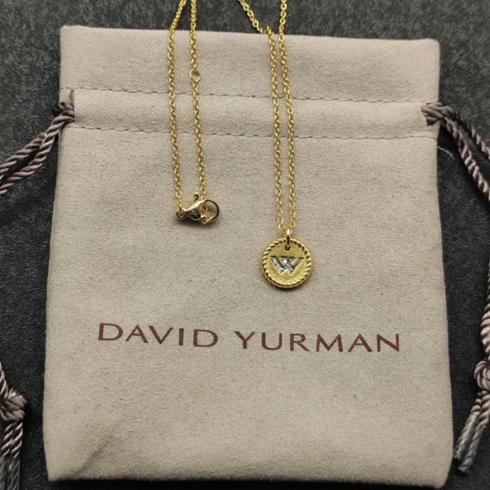 David Yurman Gold Diamond Initial W Disc Pendant Necklace