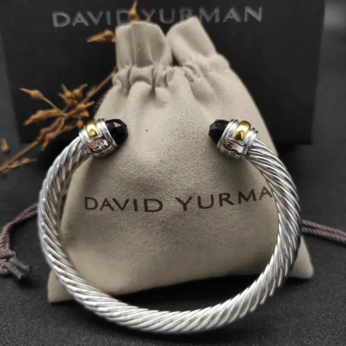 David Yurman 7mm Gold and Silver Double End Cap Black Diamond Cable Bracelet