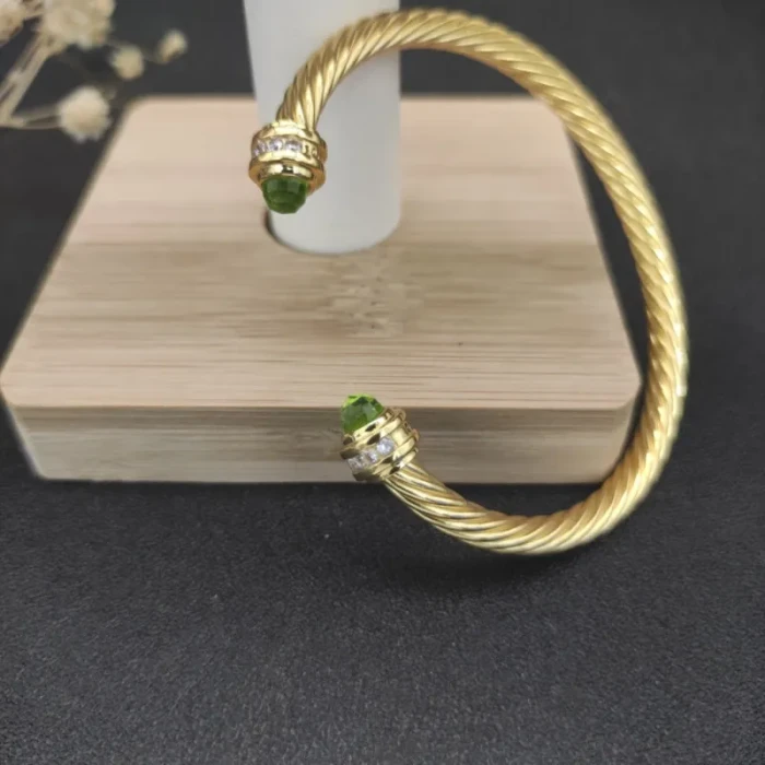 David Yurman 5mm Gold Cable Cuff Bracelet with Diamond-Accented Light Green Stone