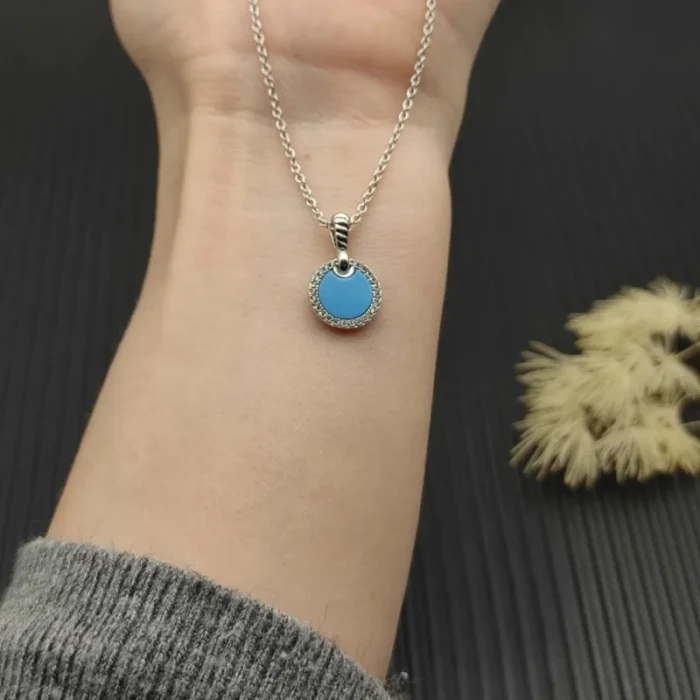 David Yurman Sterling Silver 17.8mm Round Pavé Turquoise Necklace
