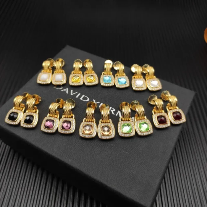 David Yurman Gold Purple Pavé Square Cable Drop Earrings